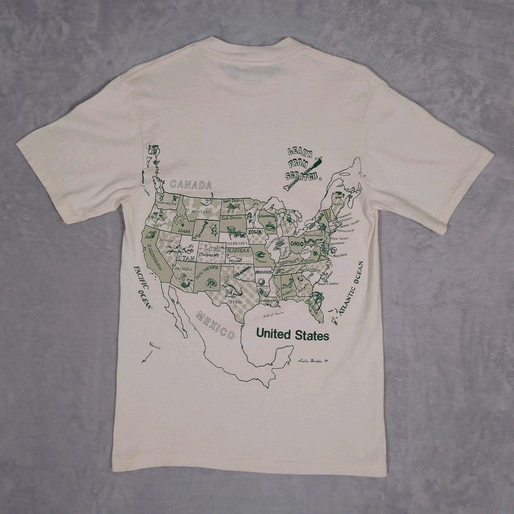 Vintage 90s Oneita USA Map Single Stitch T-shirt Small Beige Raw Cotton 1994